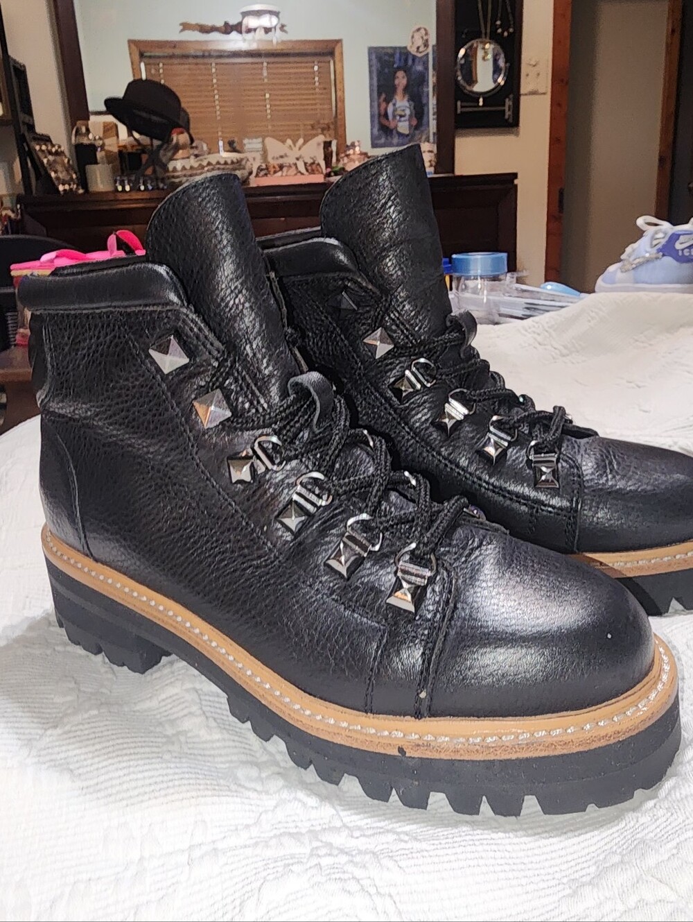 Marc Fisher Black Leather Studded Lace Up Boots, Size 6